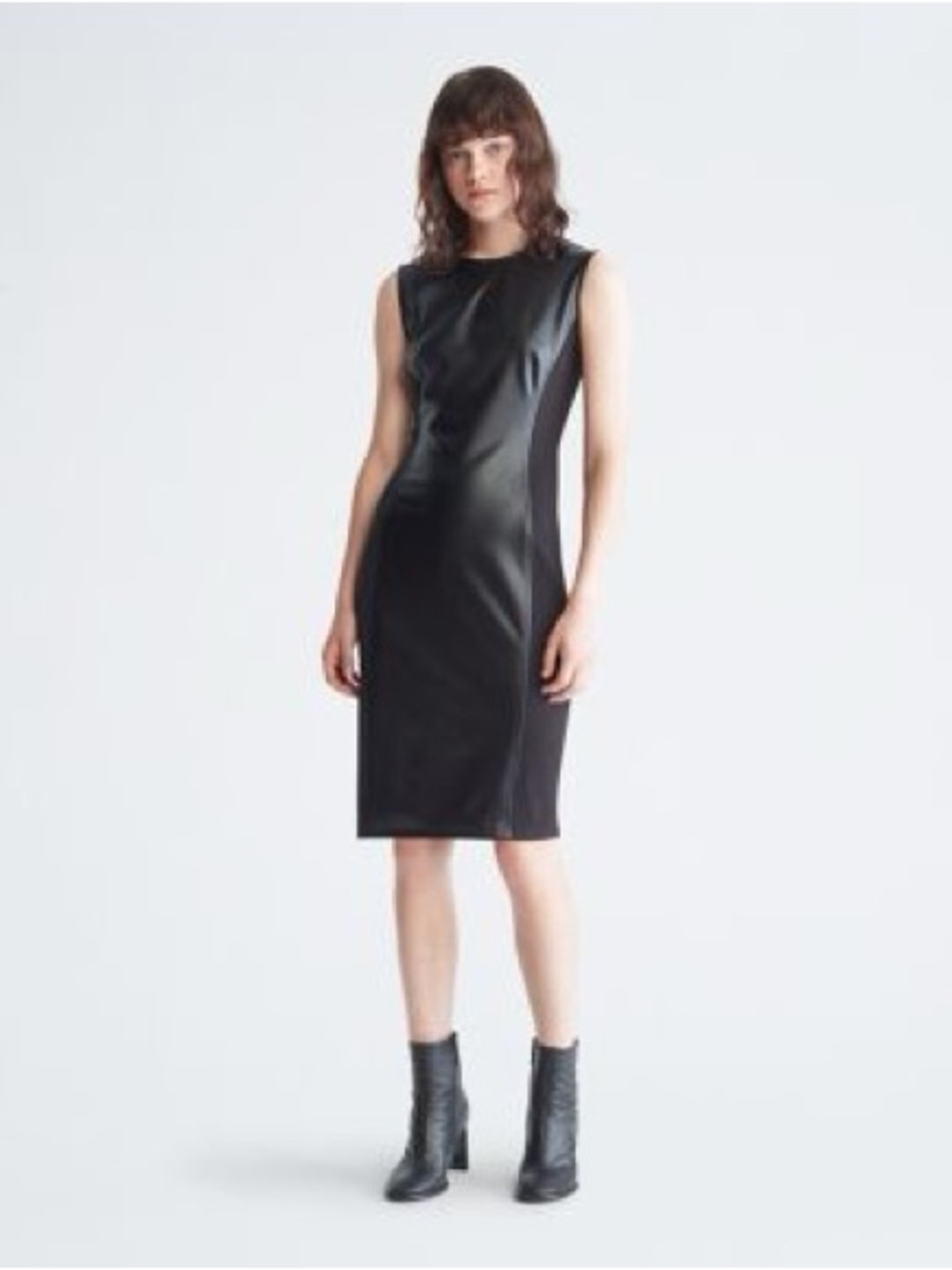 Calvin Klein Black Leather Panel Midi Dress